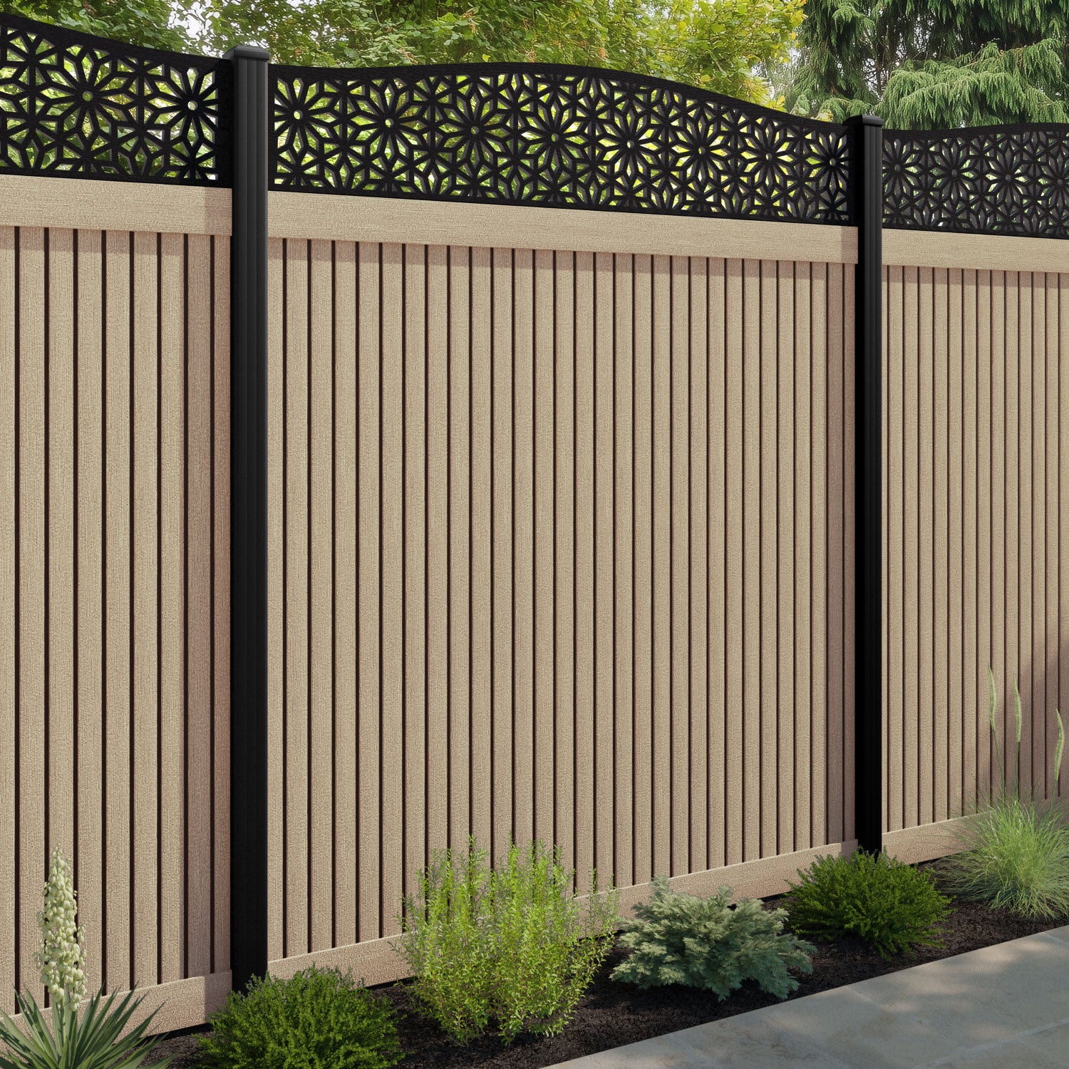 Virtis Narwa Curved Top Fence Panel - Light Oak - with our aluminium posts