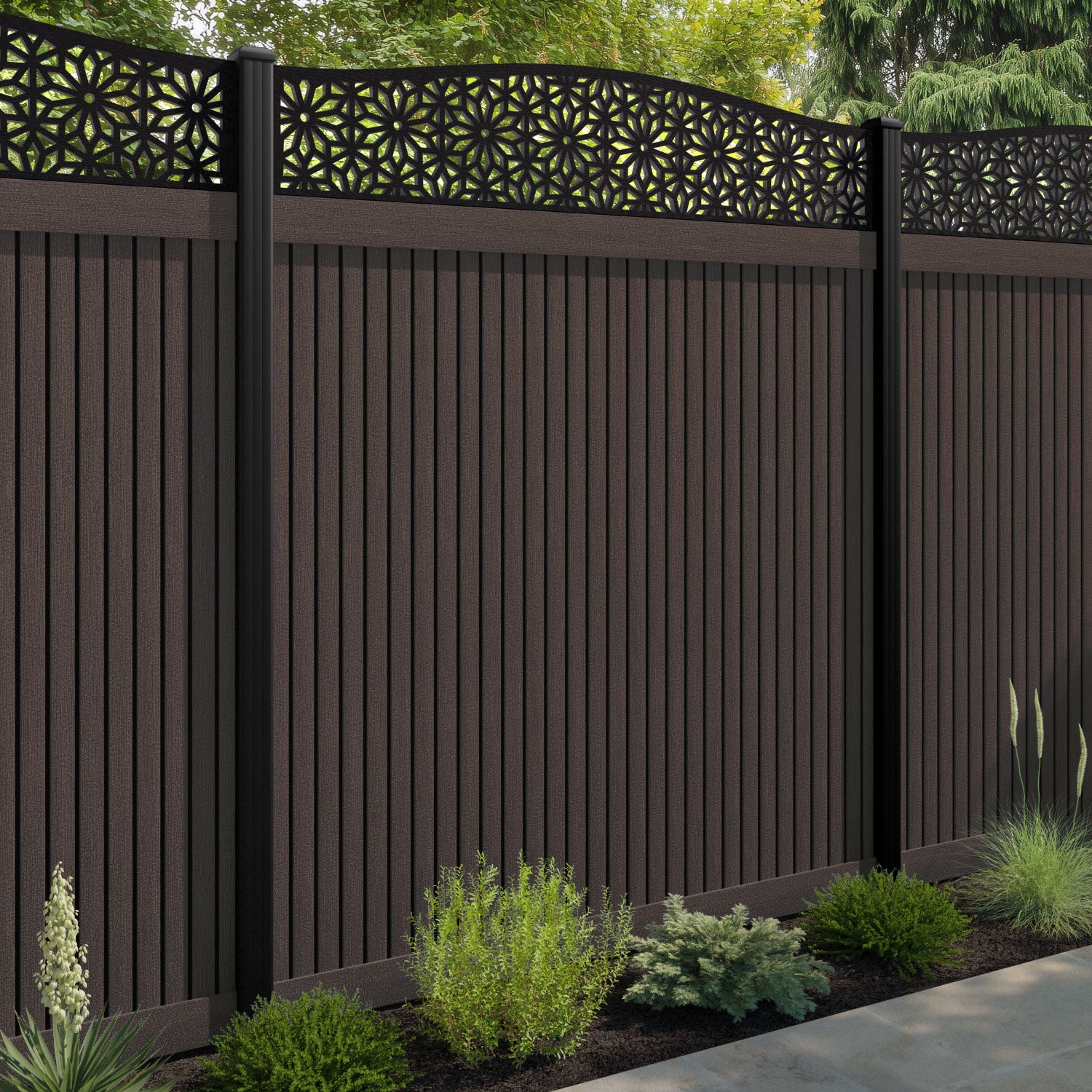 Virtis Narwa Curved Top Fence Panel - Mid Brown - with our aluminium posts