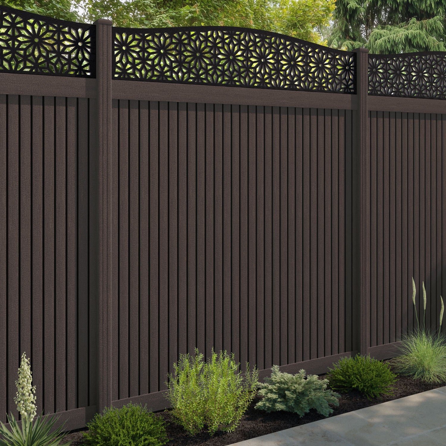 Virtis Narwa Curved Top Fence Panel - Mid Brown - with our composite posts