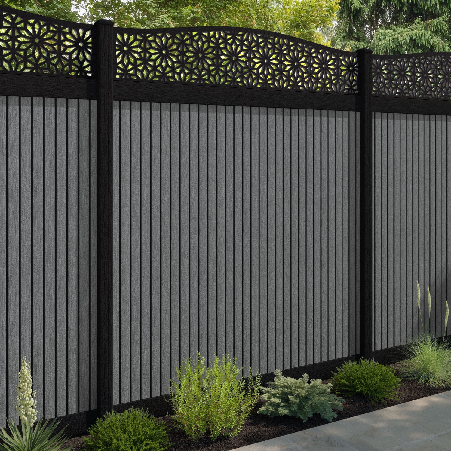 Virtis Narwa Curved Top Fence Panel - Mid Grey - with our composite posts