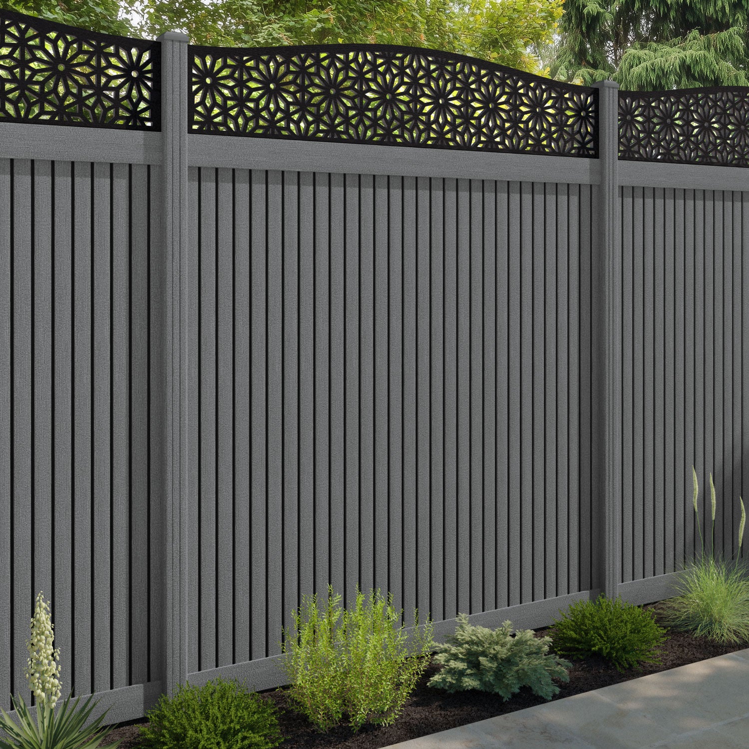 Virtis Narwa Curved Top Fence Panel - Mid Grey - with our composite posts