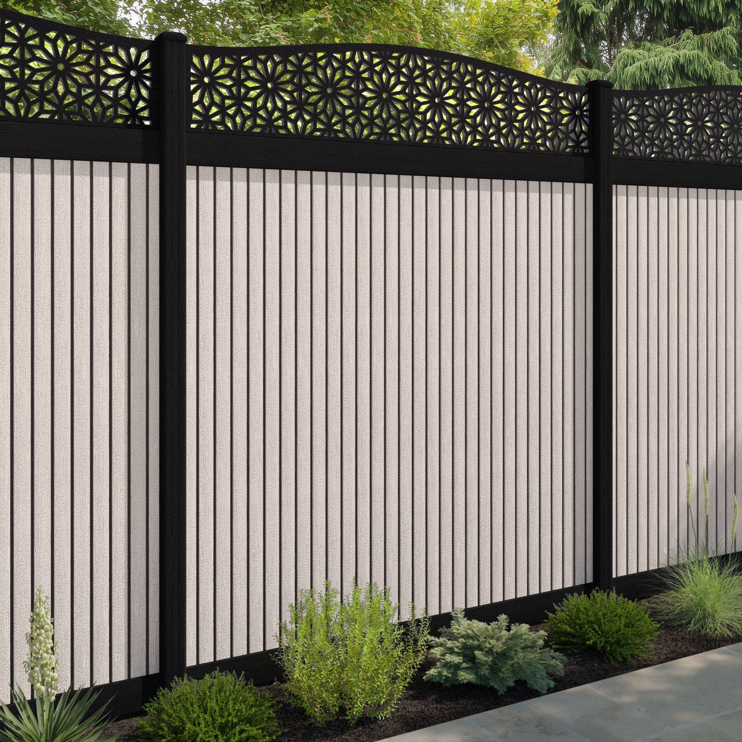 Virtis Narwa Curved Top Fence Panel - Mid Stone - with our composite posts