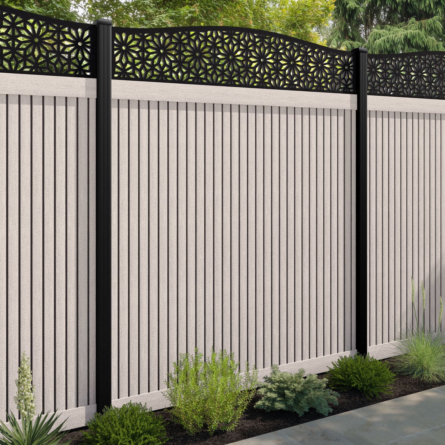 Virtis Narwa Curved Top Fence Panel - Mid Stone - with our composite posts