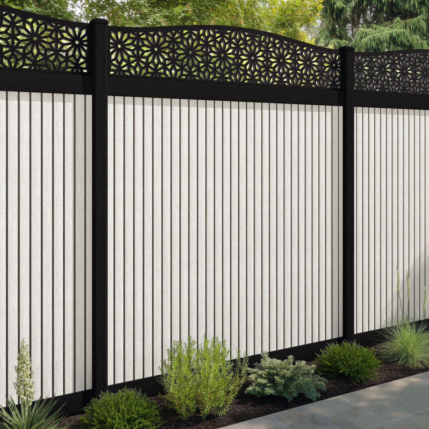Virtis Narwa Curved Top Fence Panel - Light Stone - with our composite posts