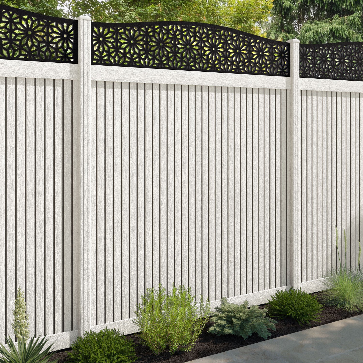 Virtis Narwa Curved Top Fence Panel - Light Stone - with our composite posts