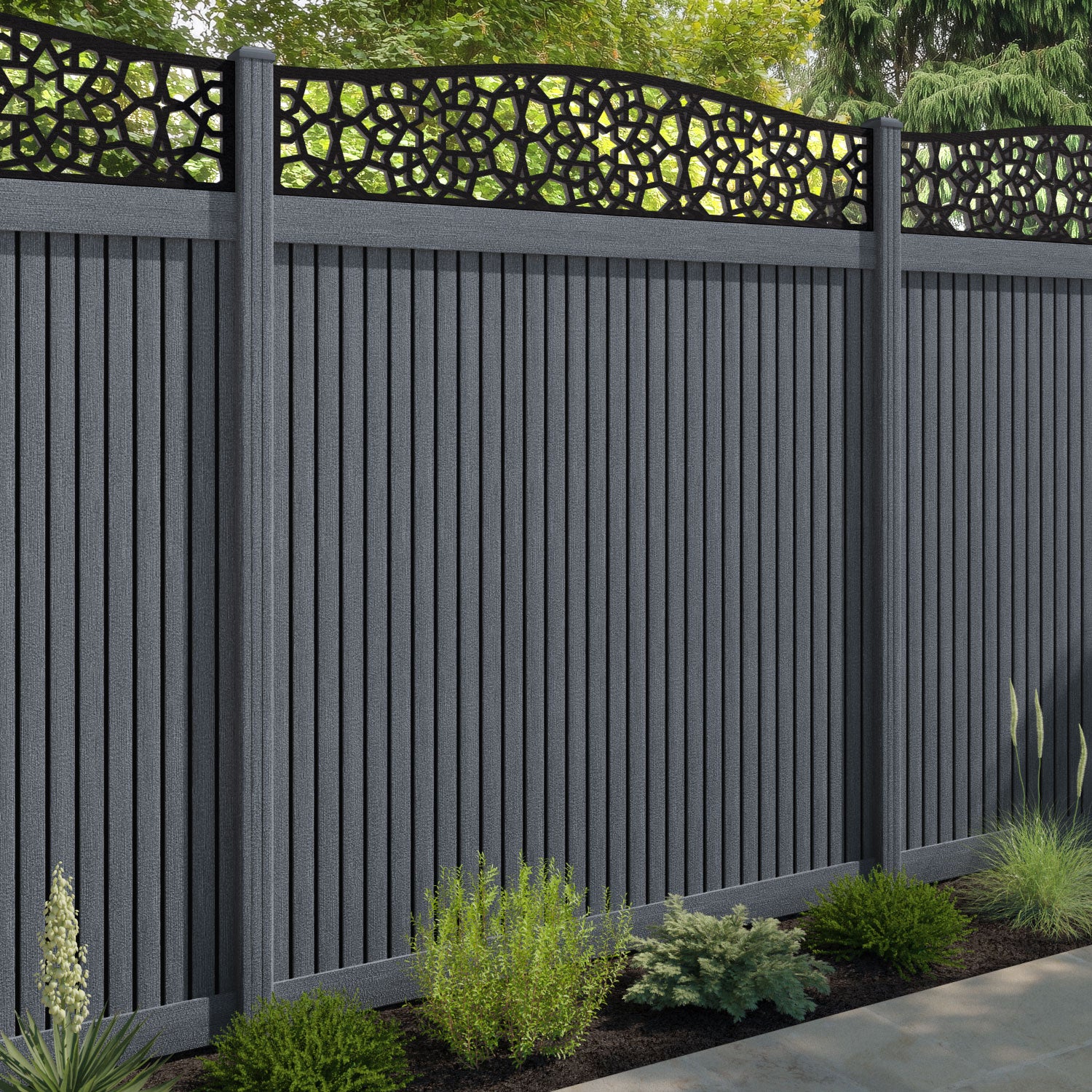 Virtis Nazira Curved Top Fence Panel - Anthracite - with our composite posts