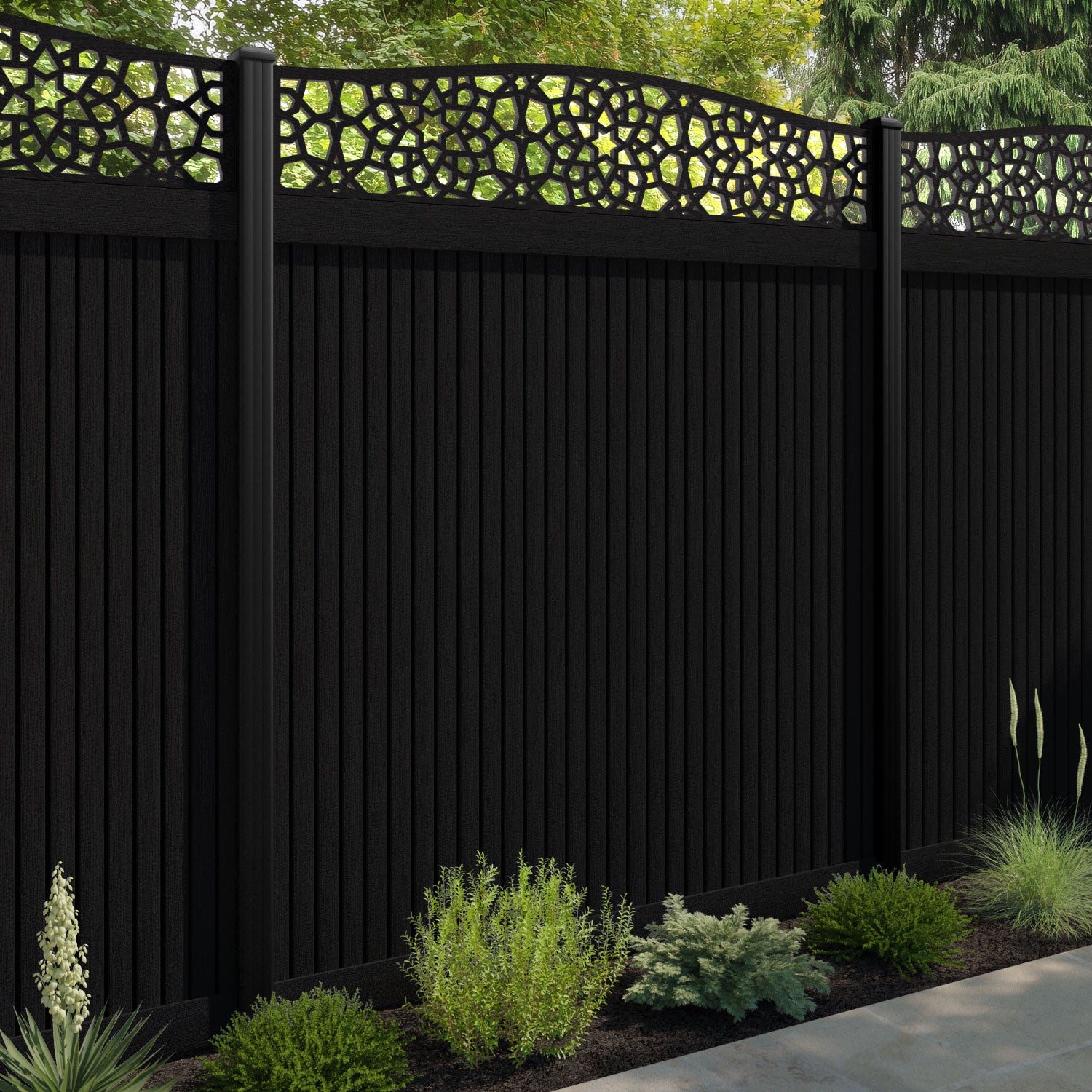 Virtis Nazira Curved Top Fence Panel - Black - with our aluminium posts