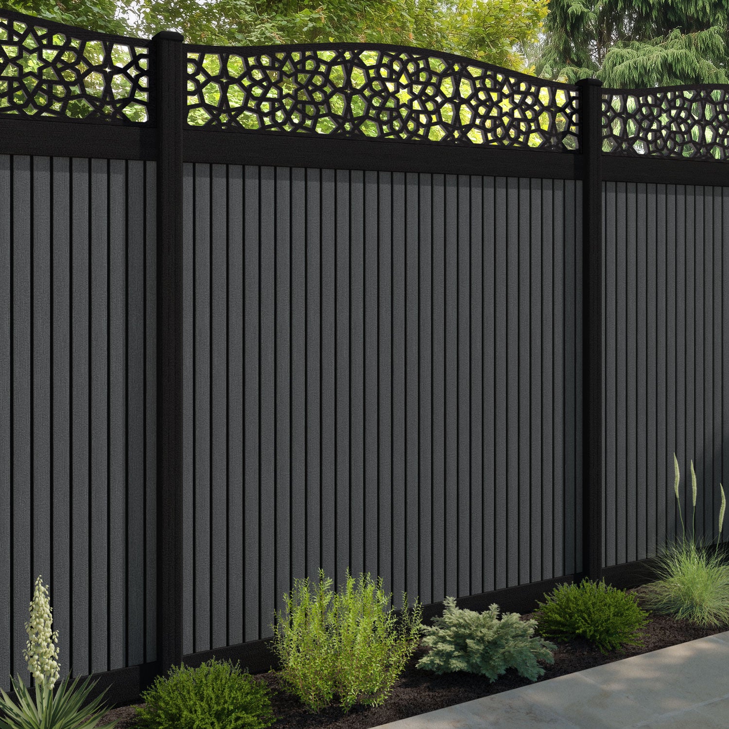 Virtis Nazira Curved Top Fence Panel - Dark Grey - with our composite posts