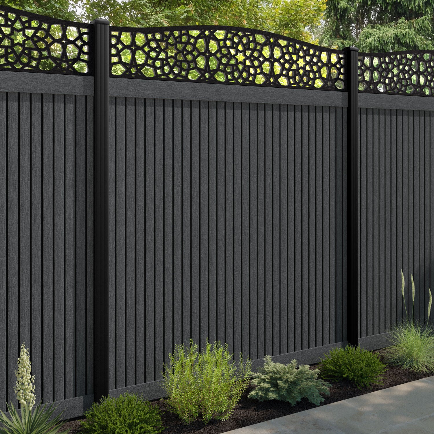 Virtis Nazira Curved Top Fence Panel - Dark Grey - with our composite posts