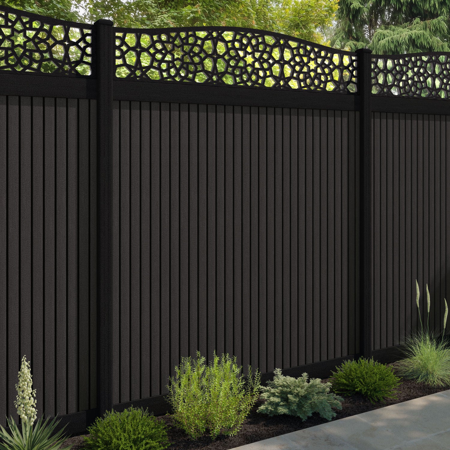 Virtis Nazira Curved Top Fence Panel - Dark Oak - with our composite posts