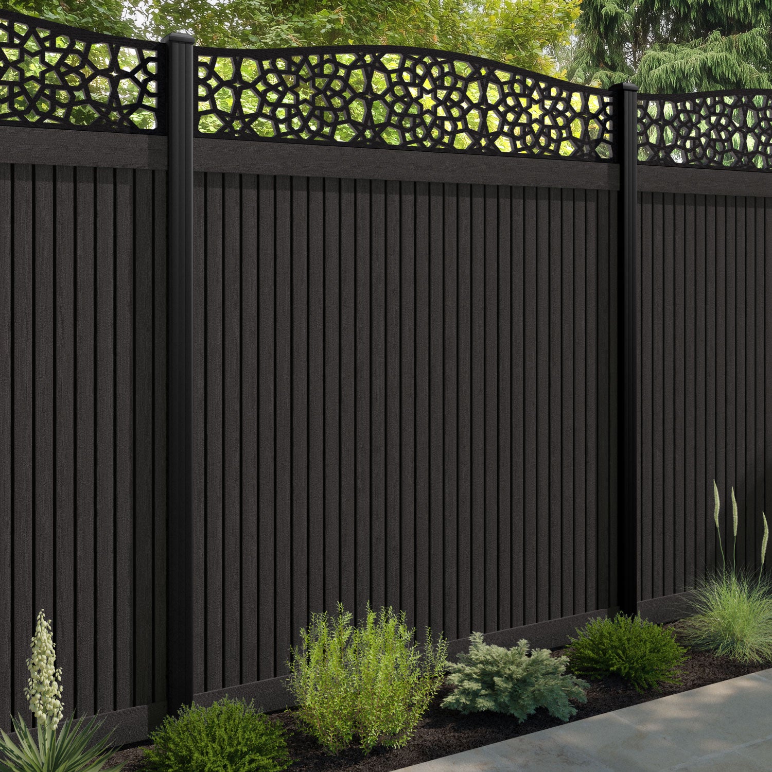 Virtis Nazira Curved Top Fence Panel - Dark Oak - with our aluminium posts