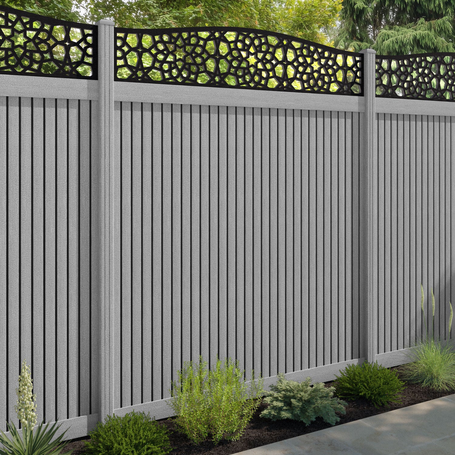 Virtis Nazira Curved Top Fence Panel - Light Grey - with our composite posts