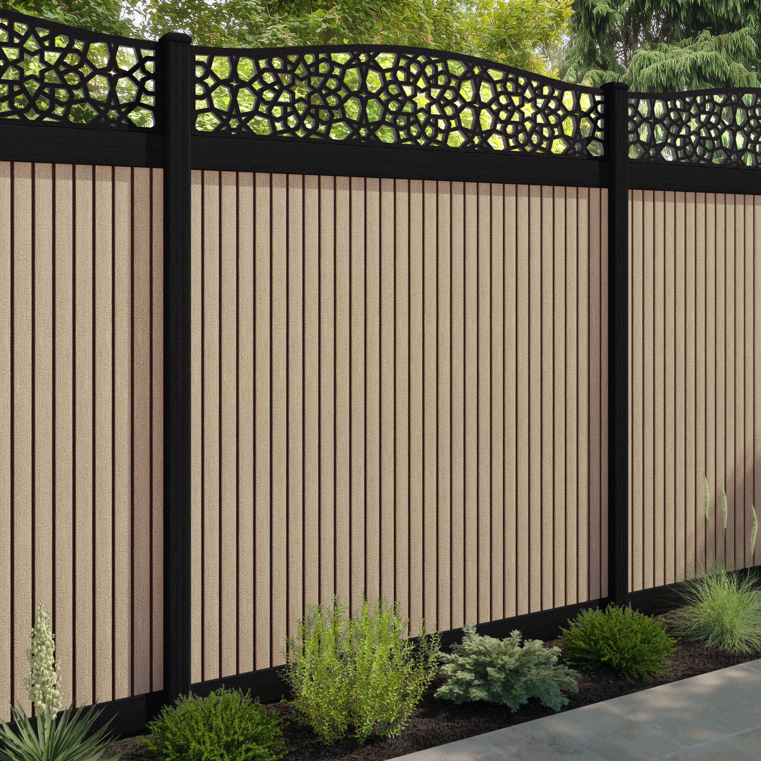 Virtis Nazira Curved Top Fence Panel - Light Oak - with our composite posts