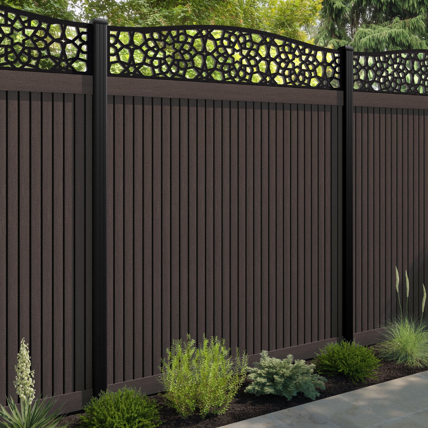 Virtis Nazira Curved Top Fence Panel - Mid Brown - with our aluminium posts