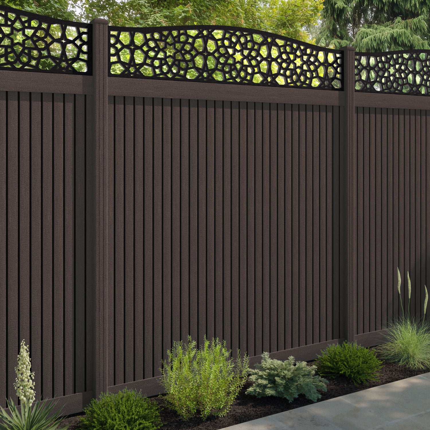 Virtis Nazira Curved Top Fence Panel - Mid Brown - with our composite posts