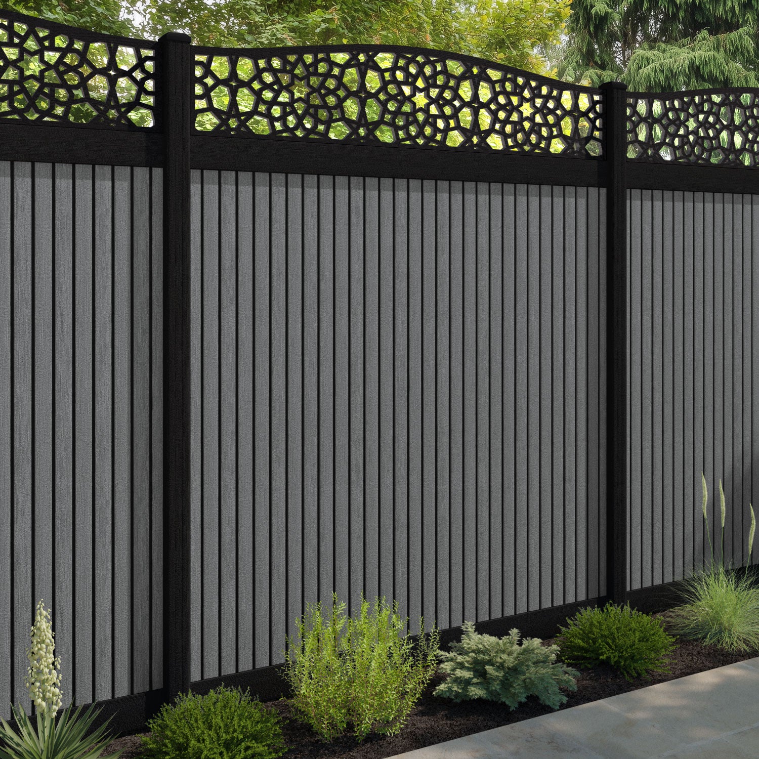 Virtis Nazira Curved Top Fence Panel - Mid Grey - with our aluminium posts