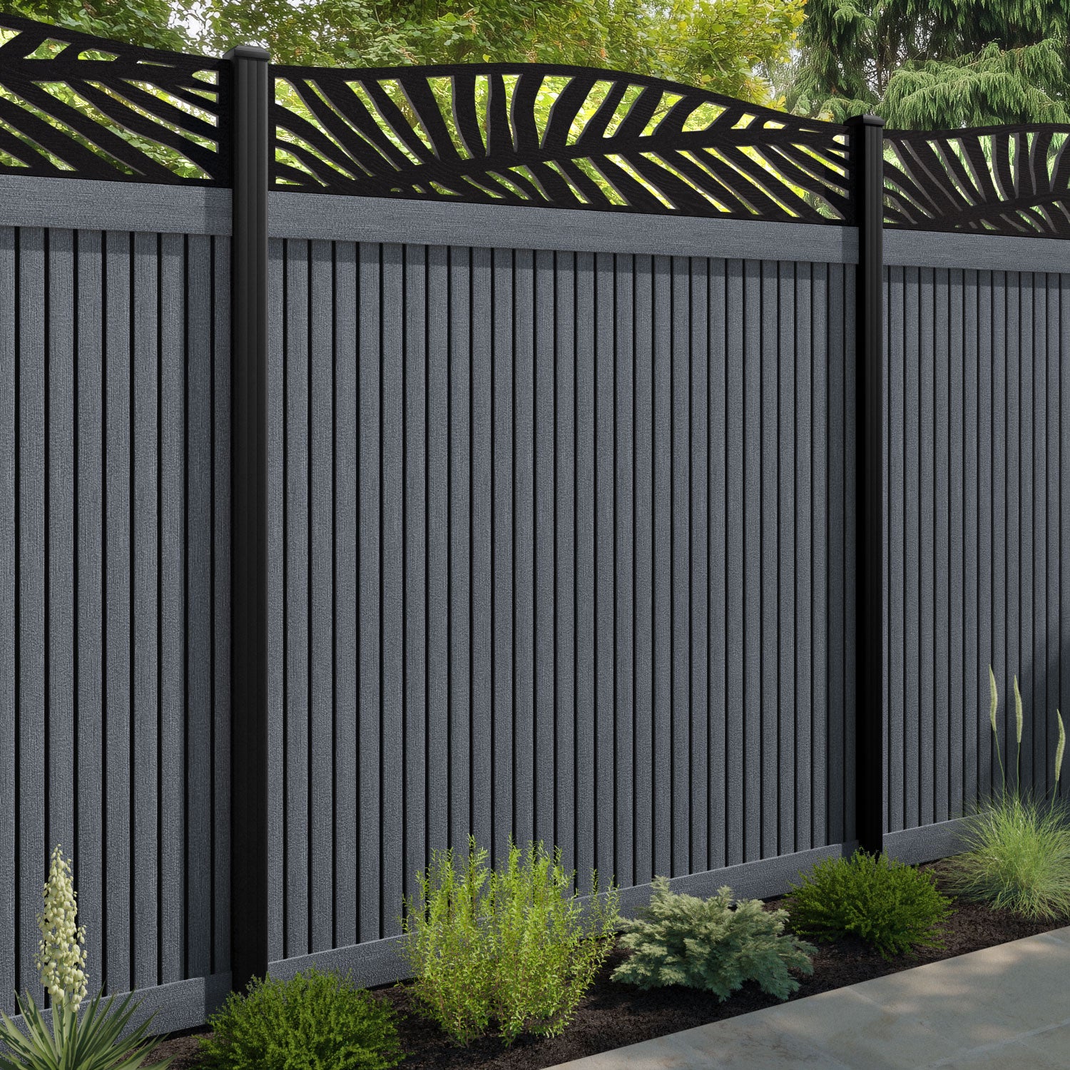 Virtis Palm Curved Top Fence Panel - Anthracite - with our composite posts