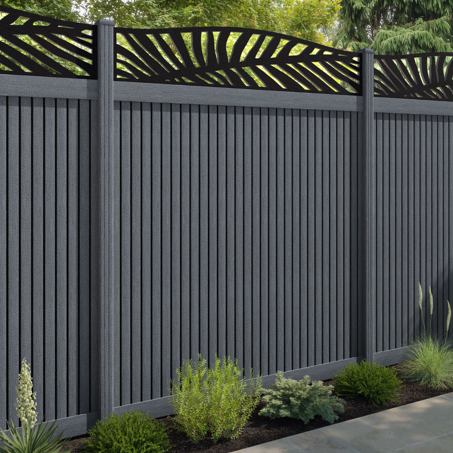 Virtis Palm Curved Top Fence Panel - Anthracite - with our composite posts