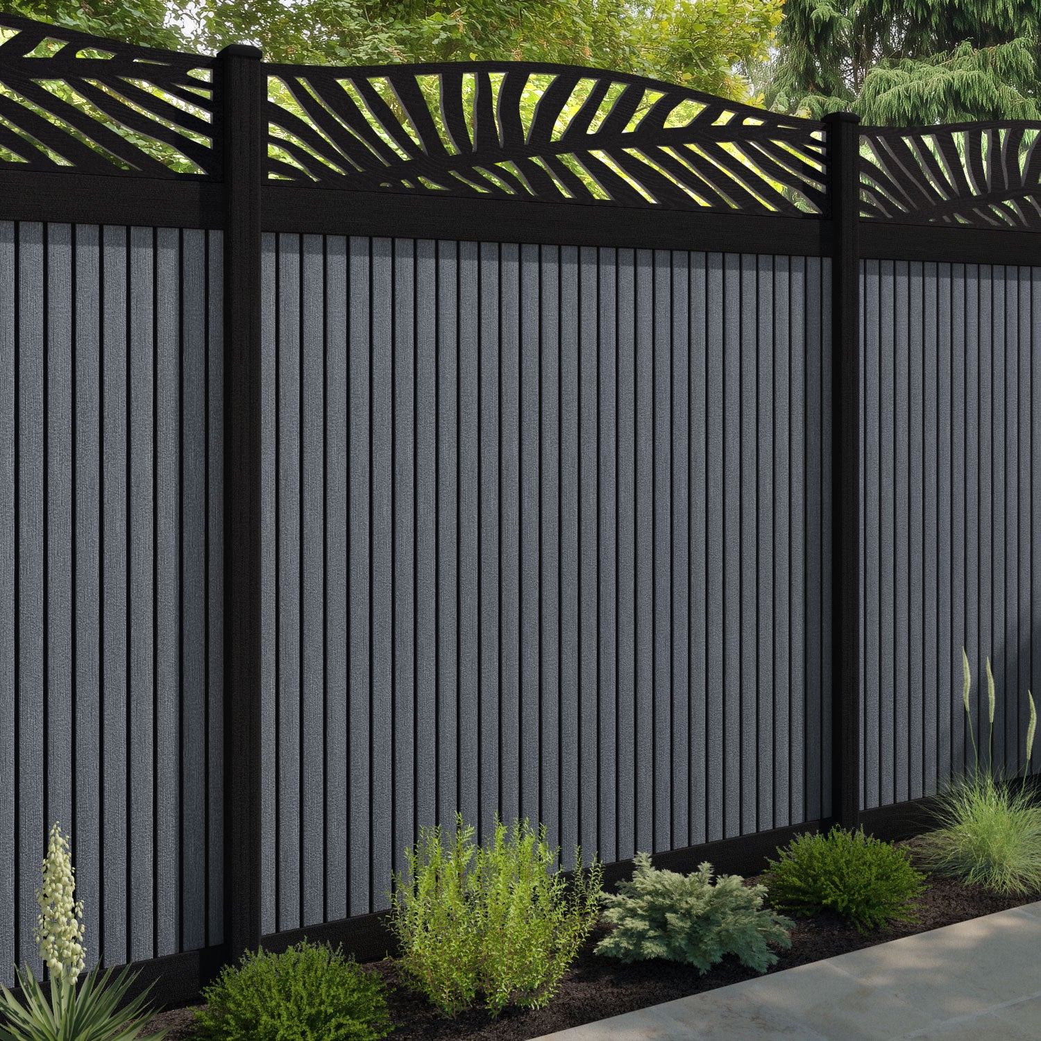 Virtis Palm Curved Top Fence Panel - Anthracite - with our aluminium posts