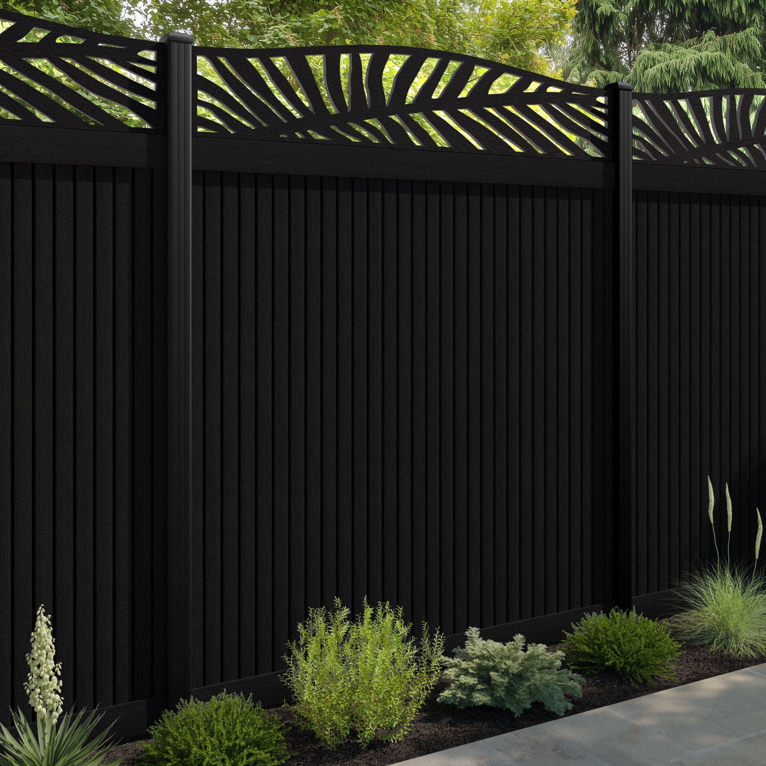 Virtis Palm Curved Top Fence Panel - Black - with our aluminium posts