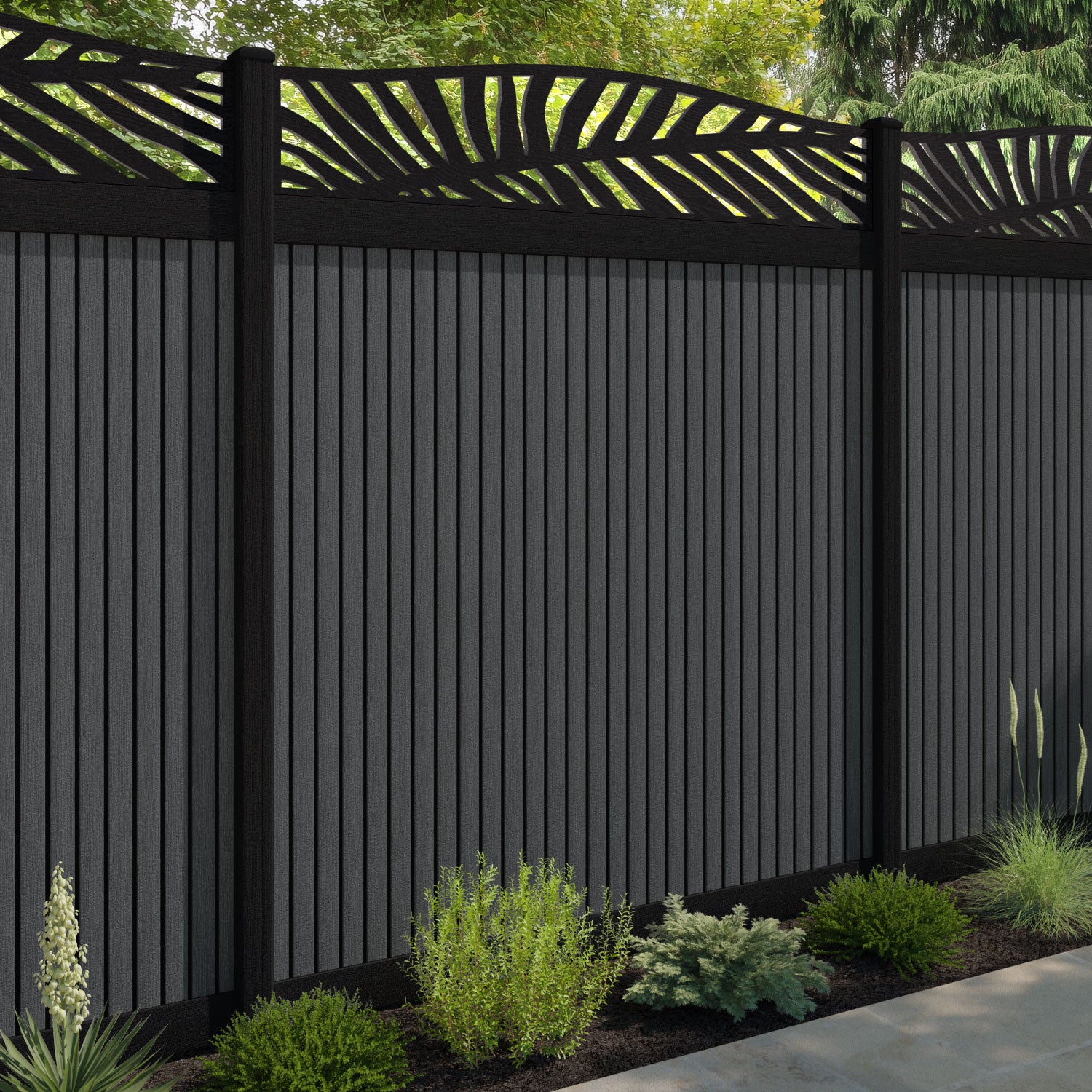 Virtis Palm Curved Top Fence Panel - Dark Grey - with our aluminium posts