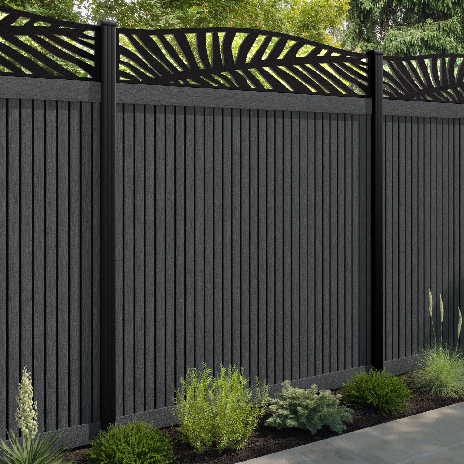 Virtis Palm Curved Top Fence Panel - Dark Grey - with our aluminium posts