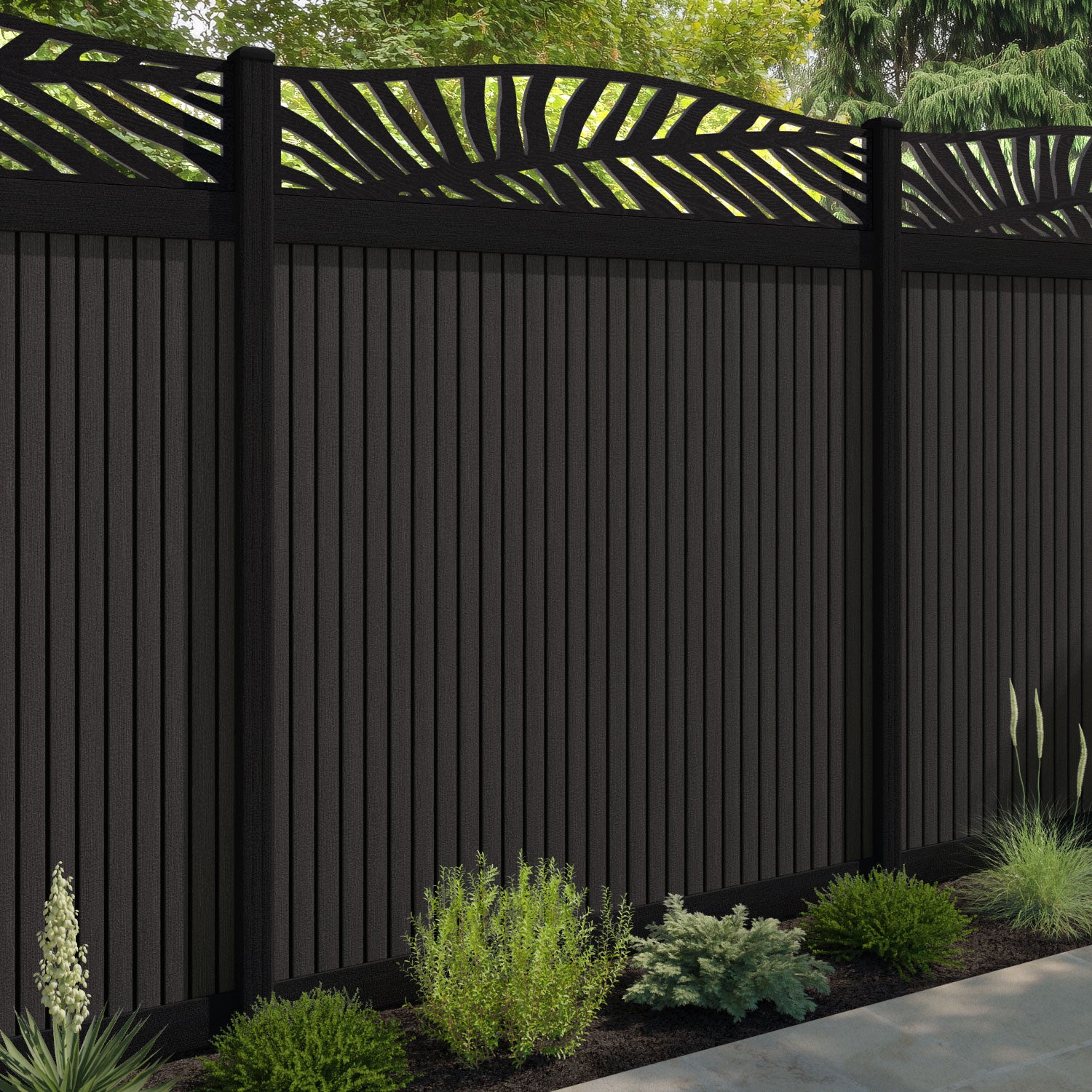 Virtis Palm Curved Top Fence Panel - Dark Oak - with our aluminium posts