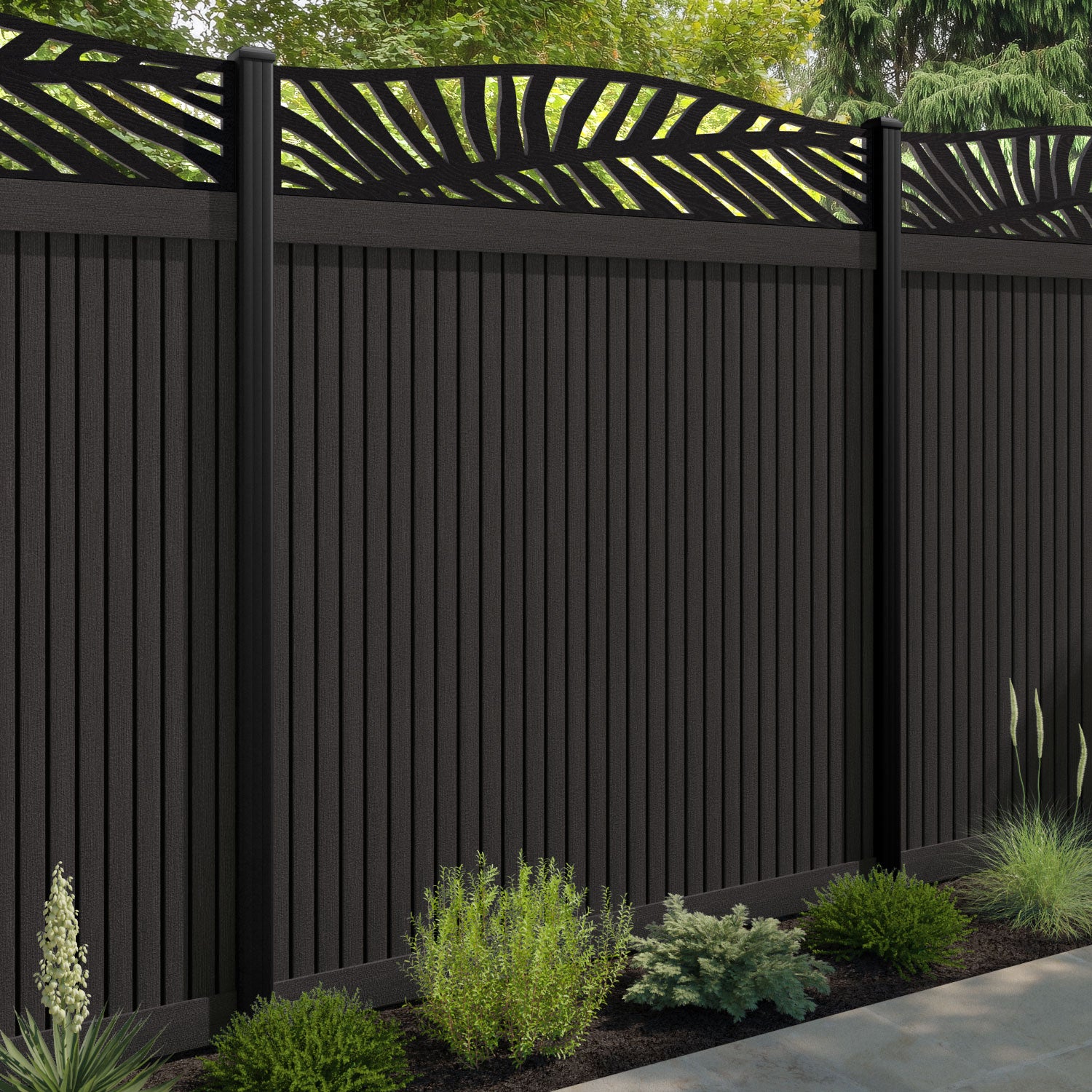 Virtis Palm Curved Top Fence Panel - Dark Oak - with our composite posts