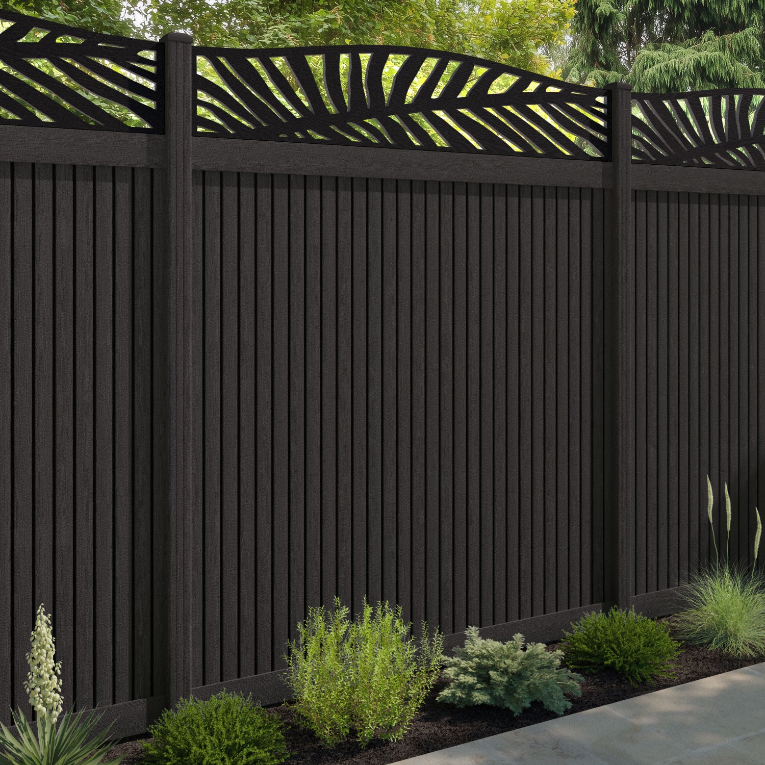 Virtis Palm Curved Top Fence Panel - Dark Oak - with our composite posts