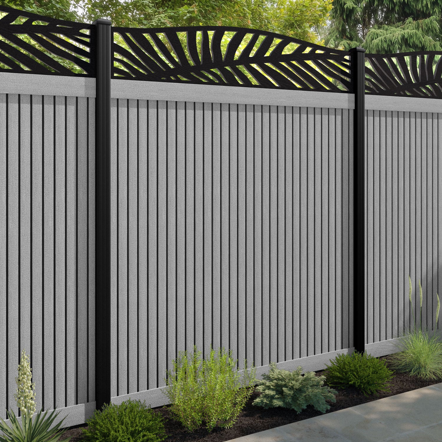 Virtis Palm Curved Top Fence Panel - Light Grey - with our composite posts