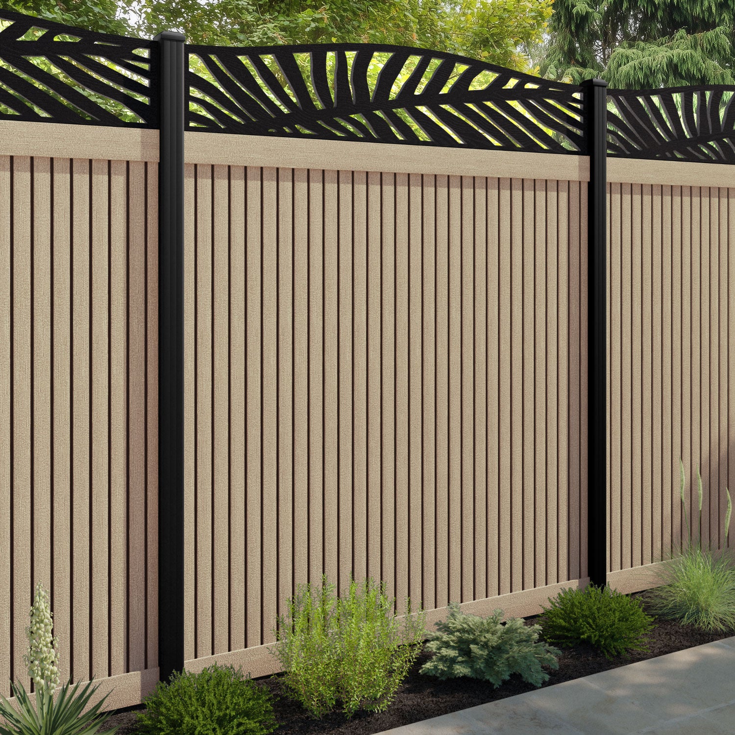 Virtis Palm Curved Top Fence Panel - Light Oak - with our aluminium posts