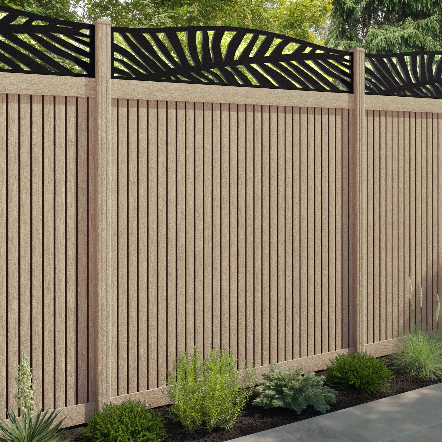 Virtis Palm Curved Top Fence Panel - Light Oak - with our composite posts