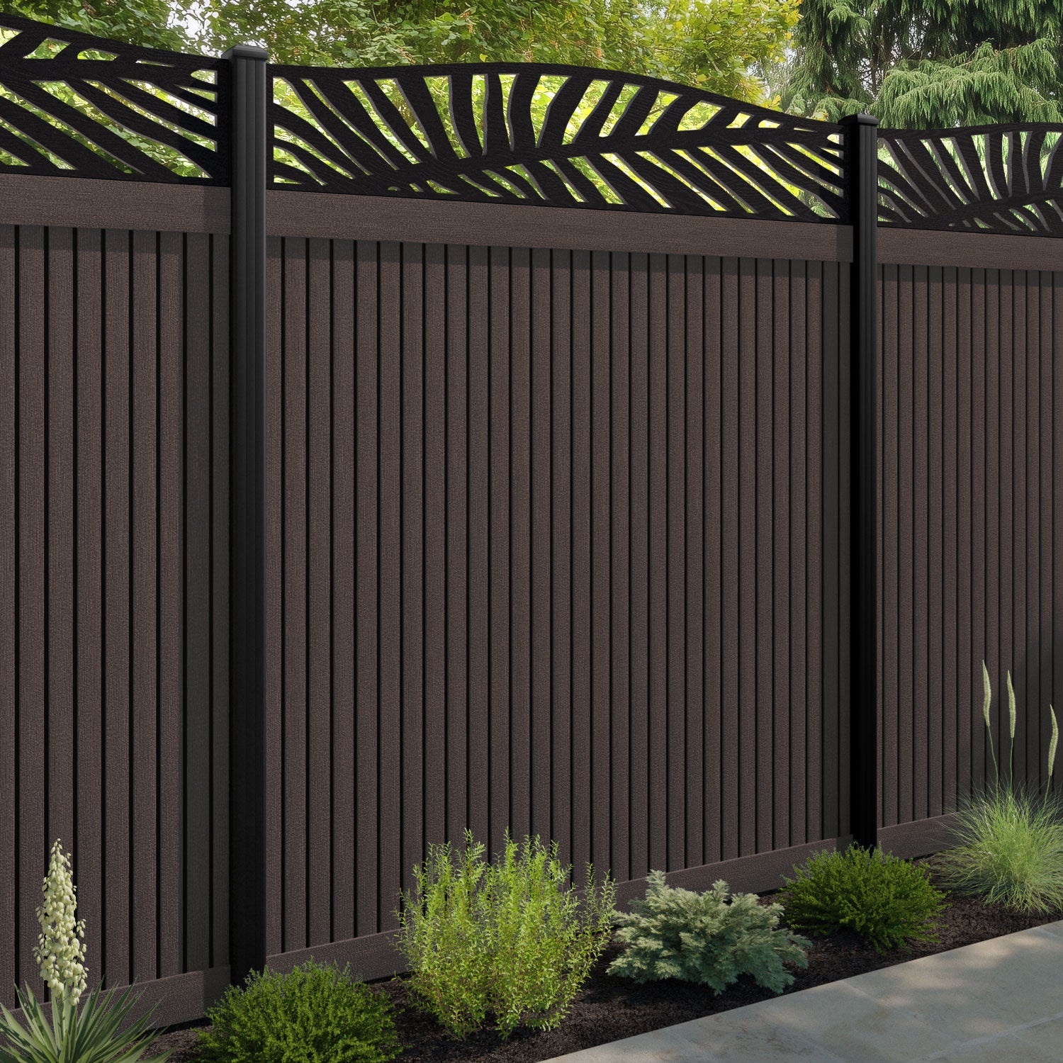 Virtis Palm Curved Top Fence Panel - Mid Brown - with our aluminium posts