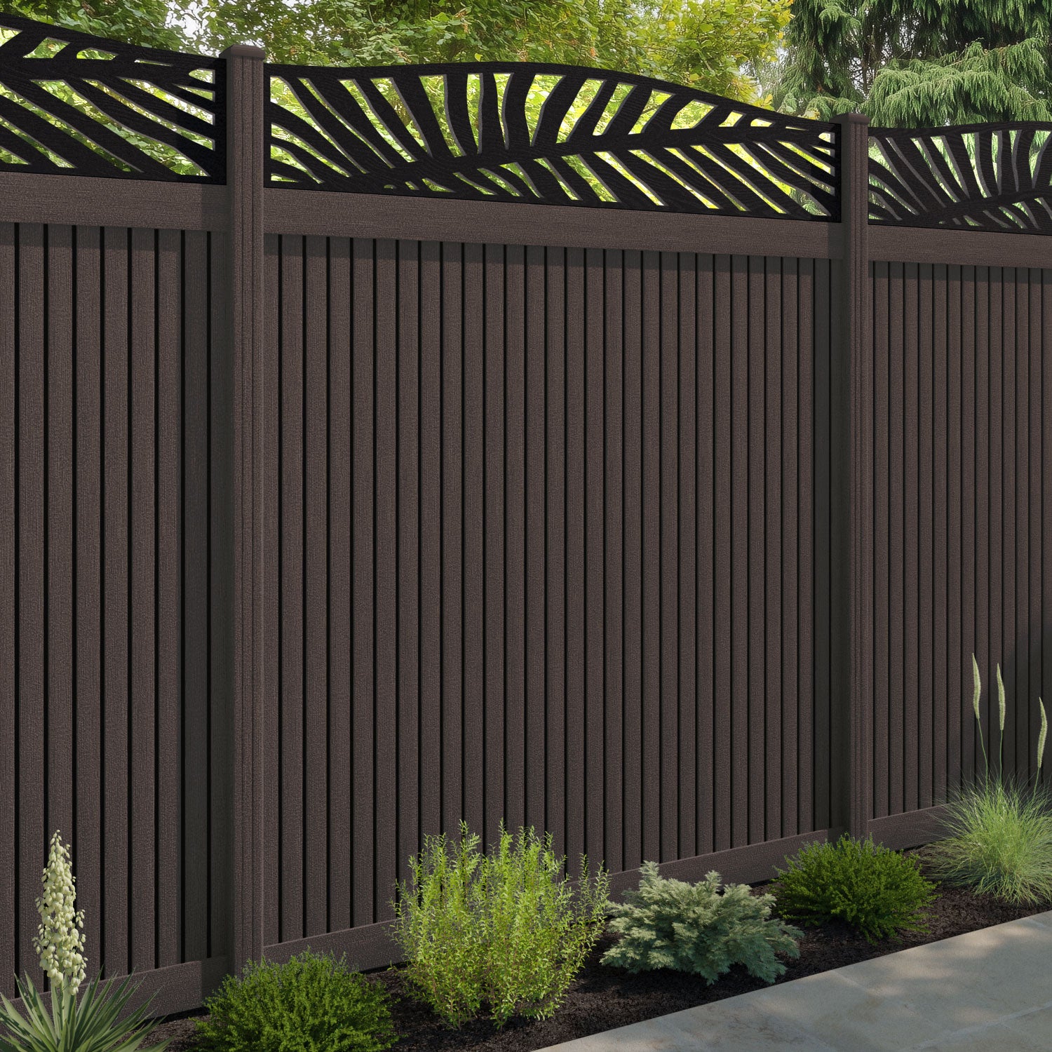 Virtis Palm Curved Top Fence Panel - Mid Brown - with our composite posts