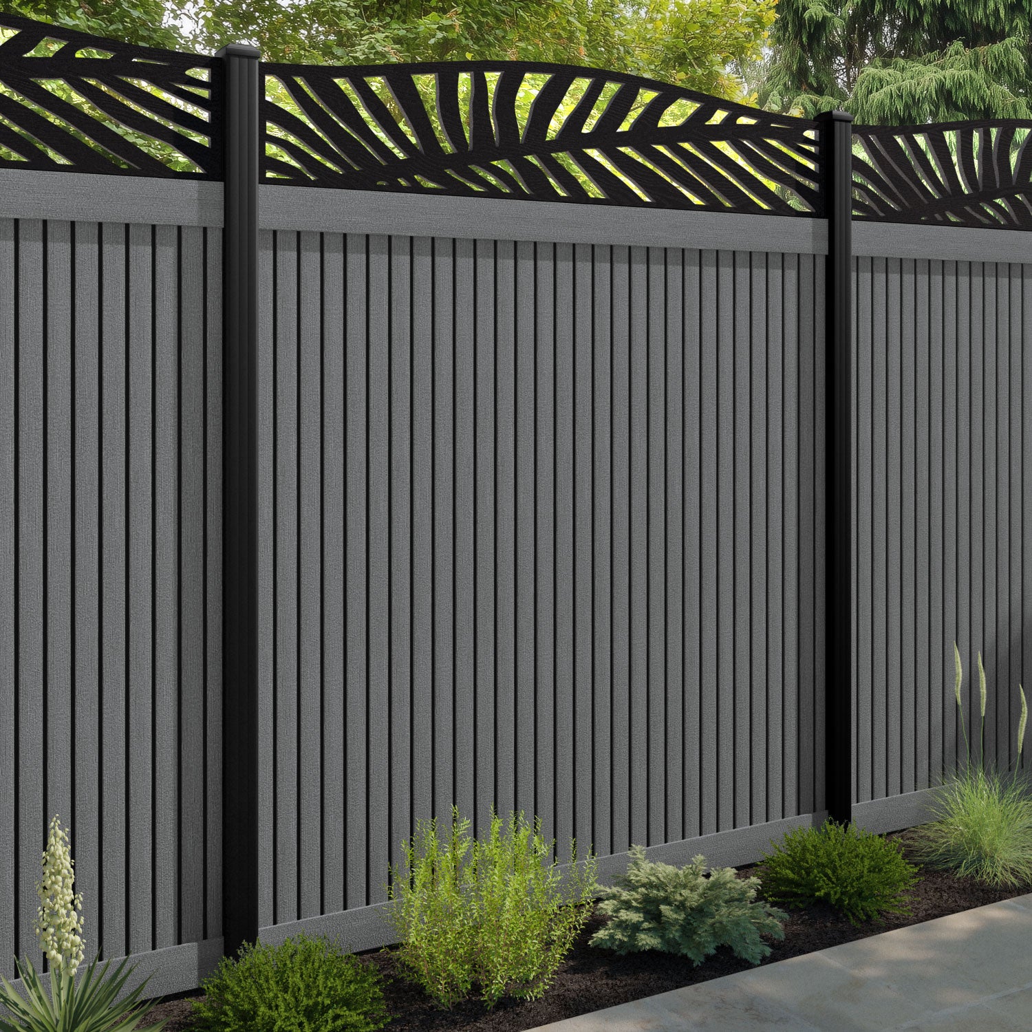 Virtis Palm Curved Top Fence Panel - Mid Grey - with our composite posts