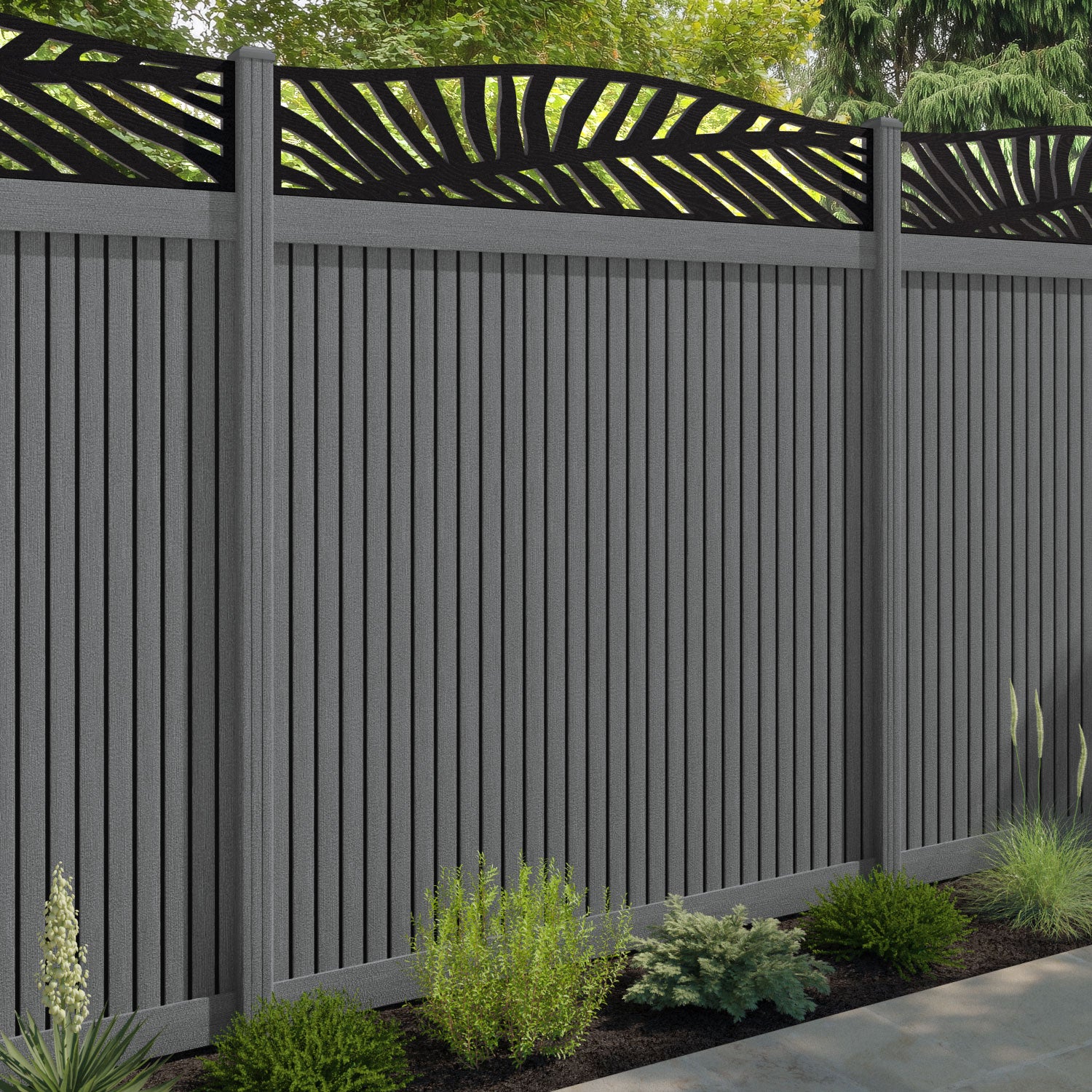 Virtis Palm Curved Top Fence Panel - Mid Grey - with our composite posts