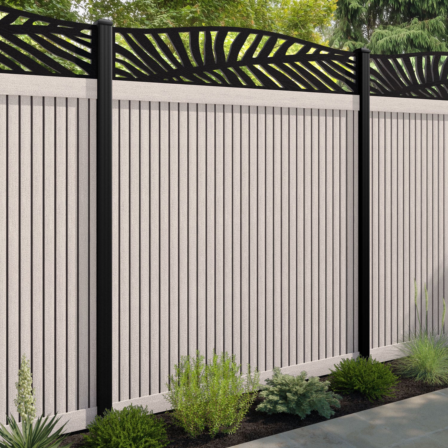 Virtis Palm Curved Top Fence Panel - Mid Stone - with our composite posts