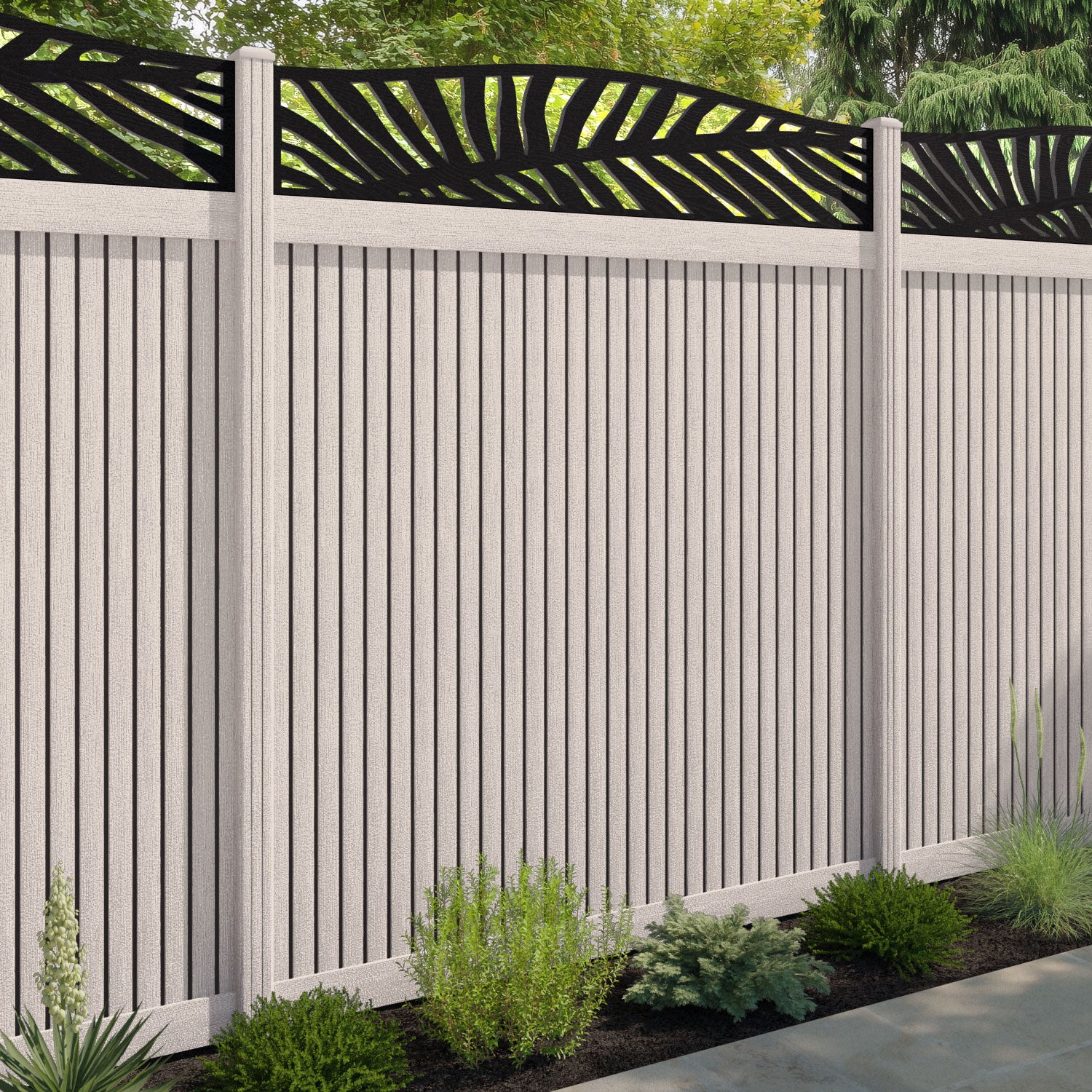 Virtis Palm Curved Top Fence Panel - Mid Stone - with our composite posts