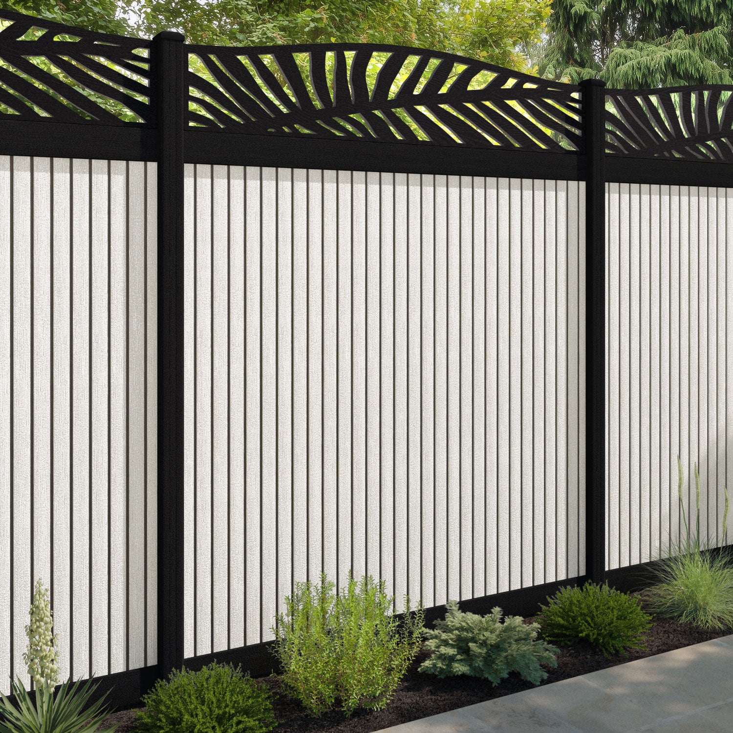 Virtis Palm Curved Top Fence Panel - Light Stone - with our composite posts