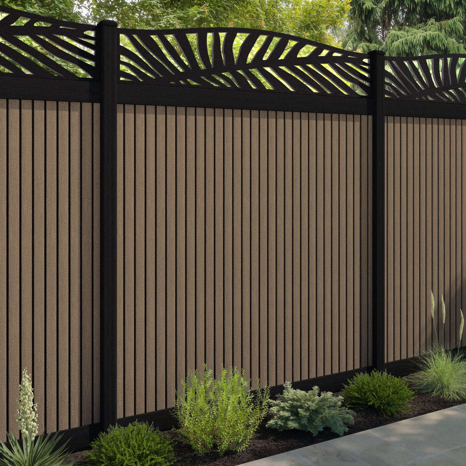 Virtis Palm Curved Top Fence Panel - Teak - with our composite posts