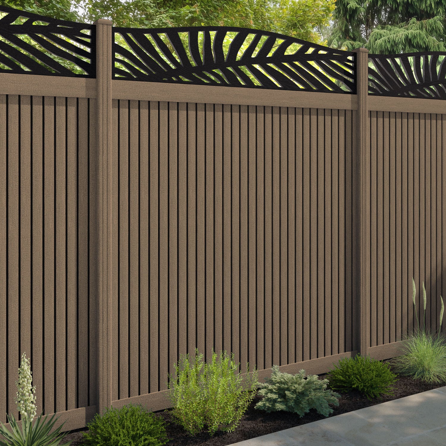 Virtis Palm Curved Top Fence Panel - Teak - with our composite posts