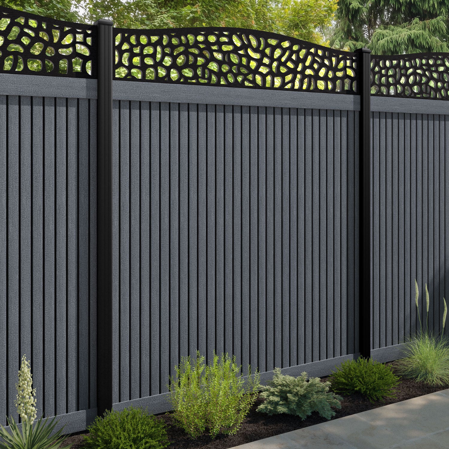 Virtis Pebble Curved Top Fence Panel - Anthracite - with our aluminium posts