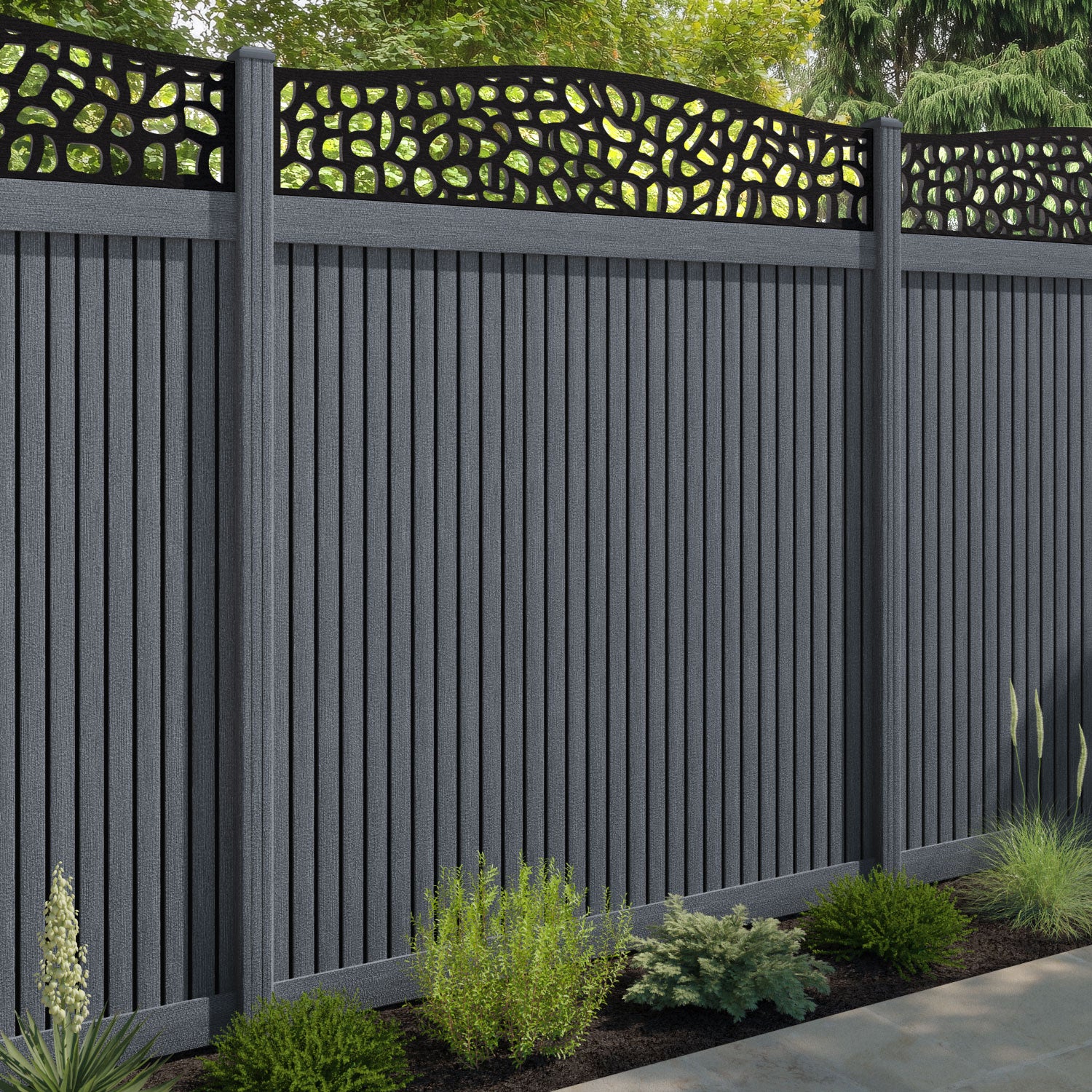 Virtis Pebble Curved Top Fence Panel - Anthracite - with our composite posts