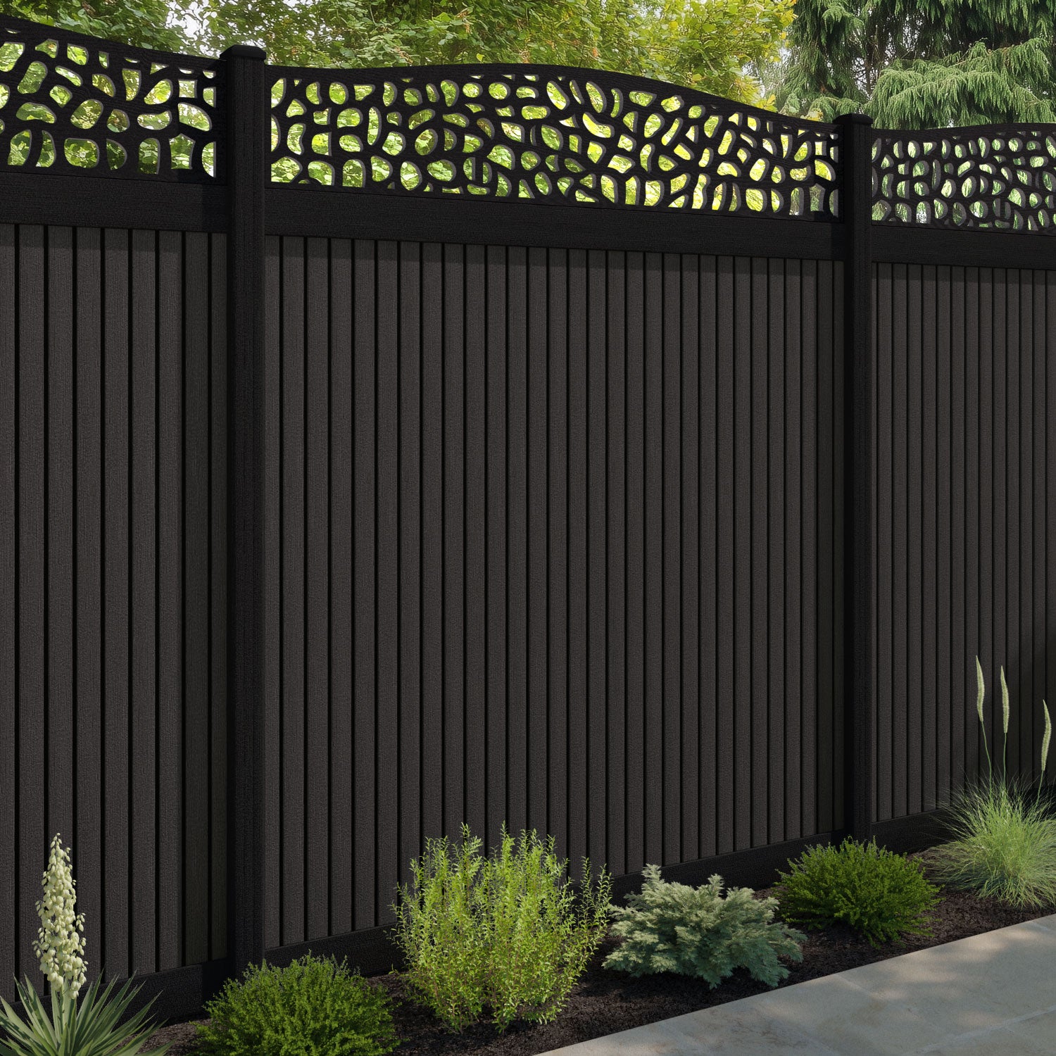 Virtis Pebble Curved Top Fence Panel - Dark Oak - with our aluminium posts