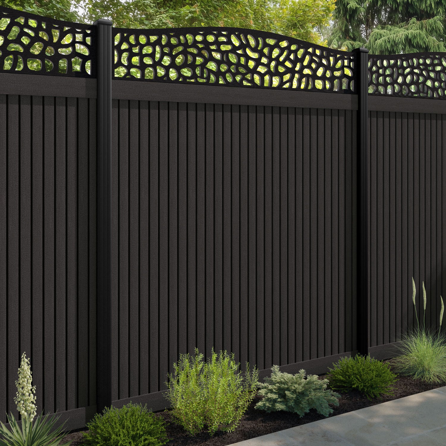 Virtis Pebble Curved Top Fence Panel - Dark Oak - with our composite posts