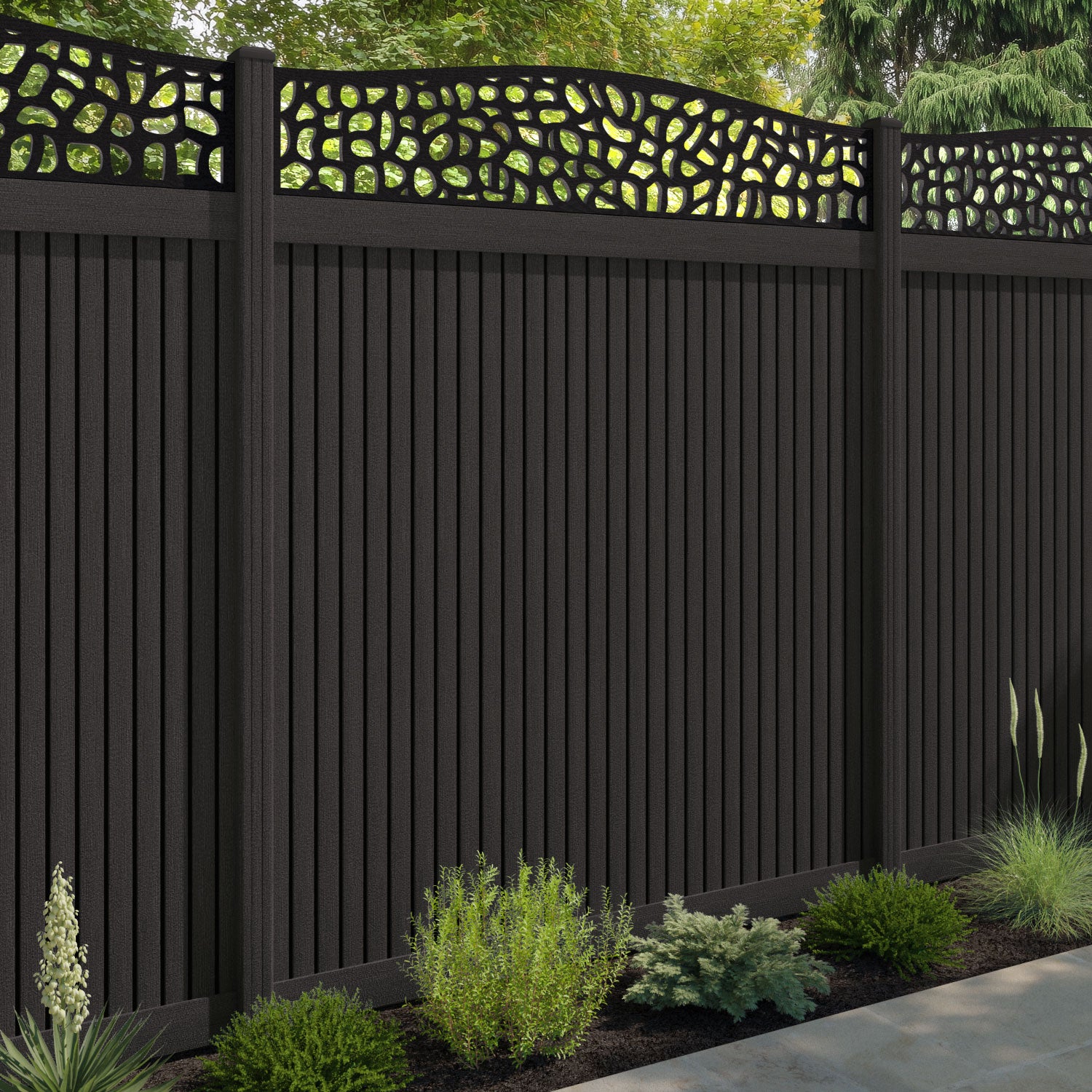Virtis Pebble Curved Top Fence Panel - Dark Oak - with our composite posts