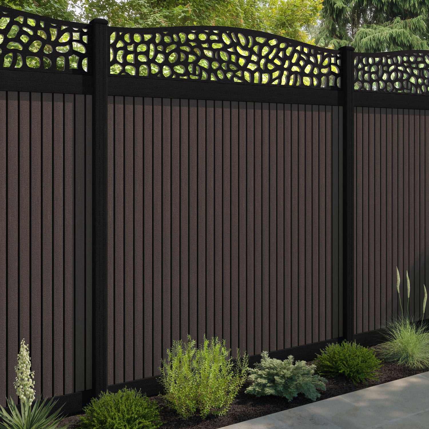 Virtis Pebble Curved Top Fence Panel - Mid Brown - with our composite posts