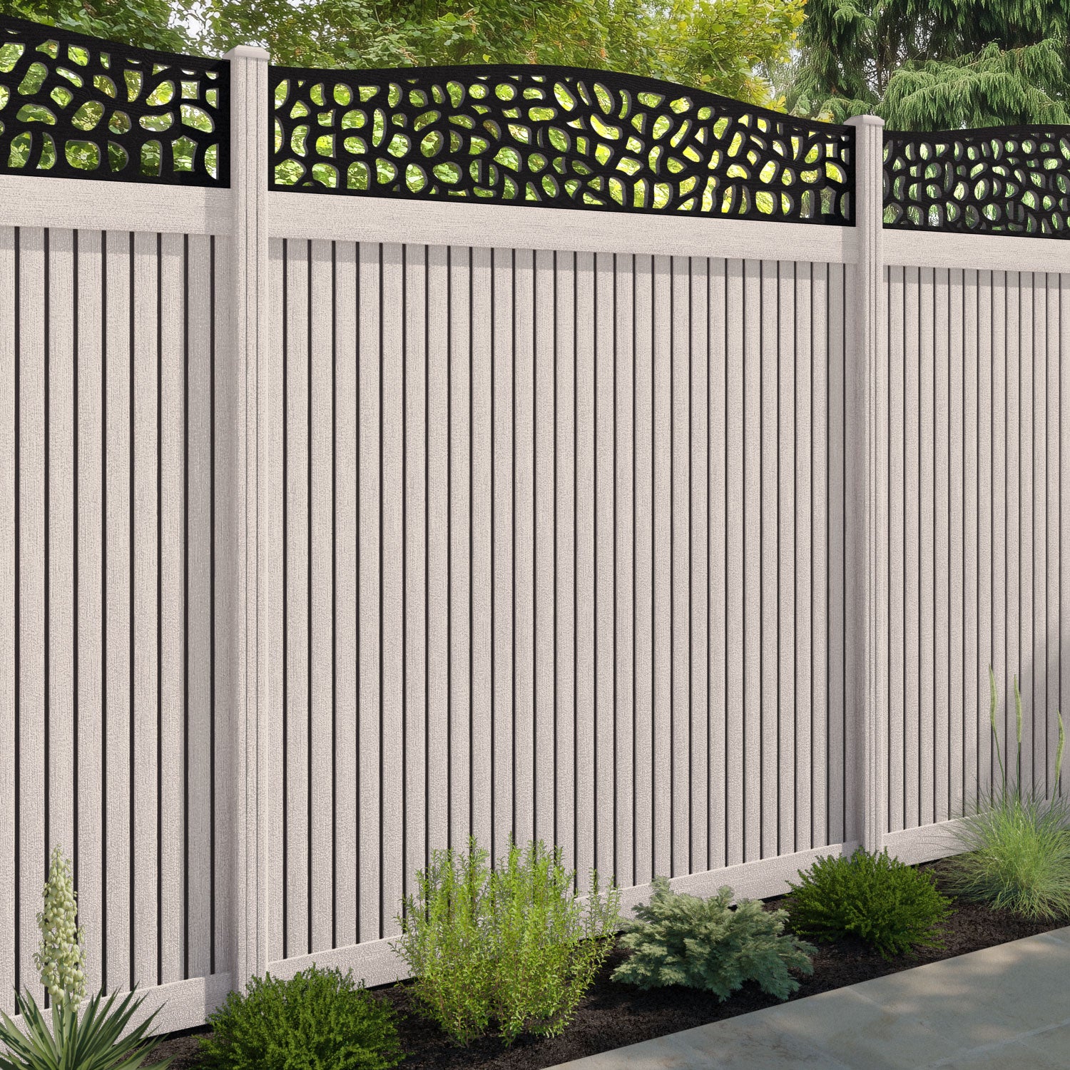 Virtis Pebble Curved Top Fence Panel - Mid Stone - with our composite posts