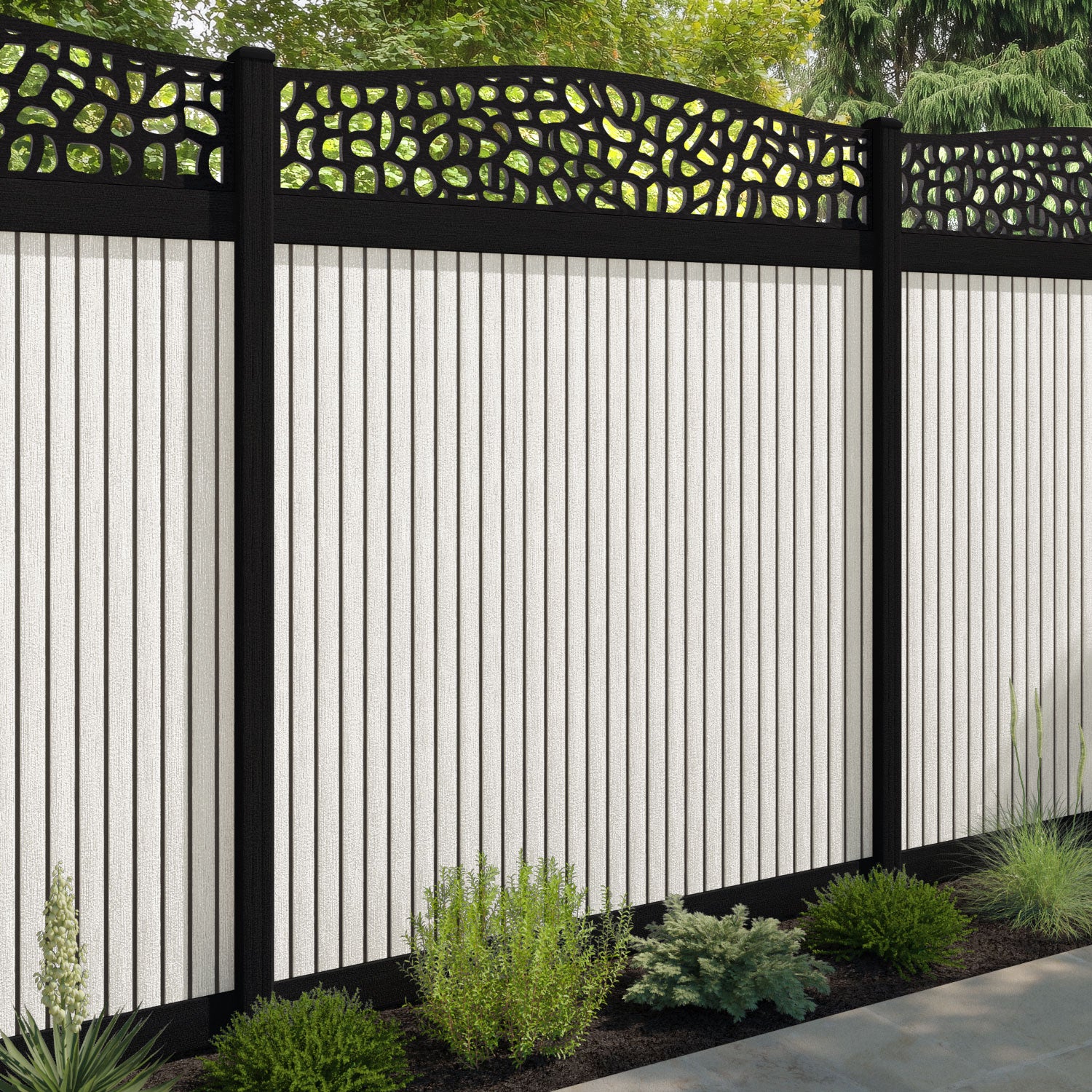 Virtis Pebble Curved Top Fence Panel - Light Stone - with our composite posts
