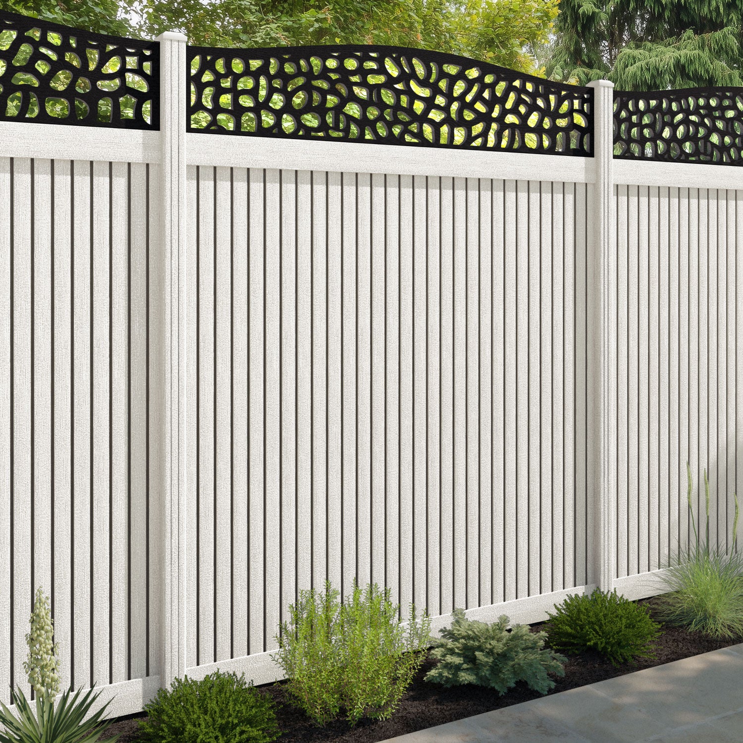 Virtis Pebble Curved Top Fence Panel - Light Stone - with our composite posts